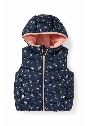 Veste matelassée sans manches bleu marine avec capuche, imprimé floral rose, doublure intérieure rose, fermeture éclair à l'avant et poches à boutons-pression.