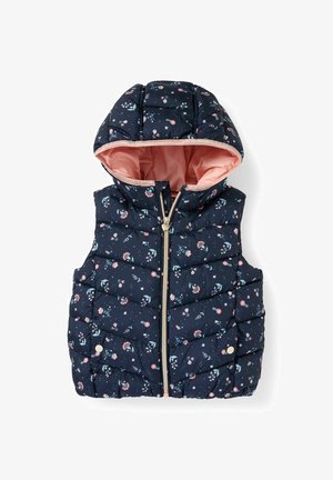 Veste matelassée sans manches bleu marine avec capuche, imprimé floral rose, doublure intérieure rose, fermeture éclair à l'avant et poches à boutons-pression.