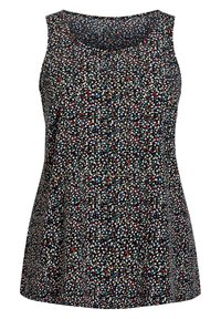 Schwarzes ärmelloses Tanktop mit floralem Muster, das kleine, farbenfrohe Blumen auf dunklem Hintergrund zeigt. Weicher Stoff und lockere Passform.