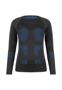 Black long-sleeve thermal top with blue striped accents and ergonomic design. Made from stretchy fabric, featuring ribbed texture and close fit.