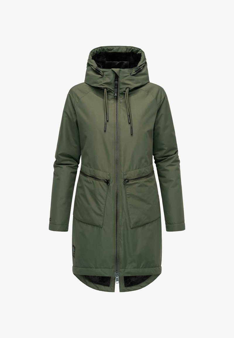 Oliwkowa parka z zamkiem z przodu, regulowanym kapturem, dwiema przednimi kieszeniami i lekko zaokrąglonym dołem. Wykonana z materiału wodoodpornego.