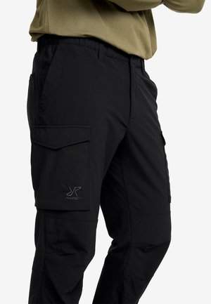 Schwarze Cargo-Hosen aus strapazierfähigem Stoff, mit mehreren Taschen, lockerer Passform und elastischem Bund für Komfort. Sichtbares Logo-Detail.