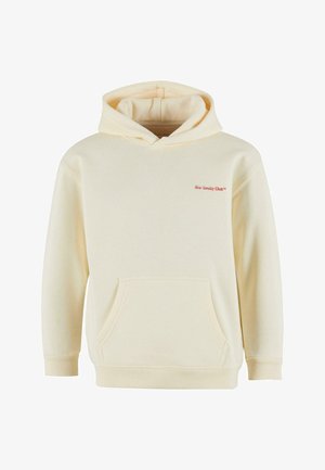 Sudadera color crema hecha de tejido suave, con un bolsillo frontal y puños de canalé, con el logo rojo "Slow Sunday Club" en el pecho.