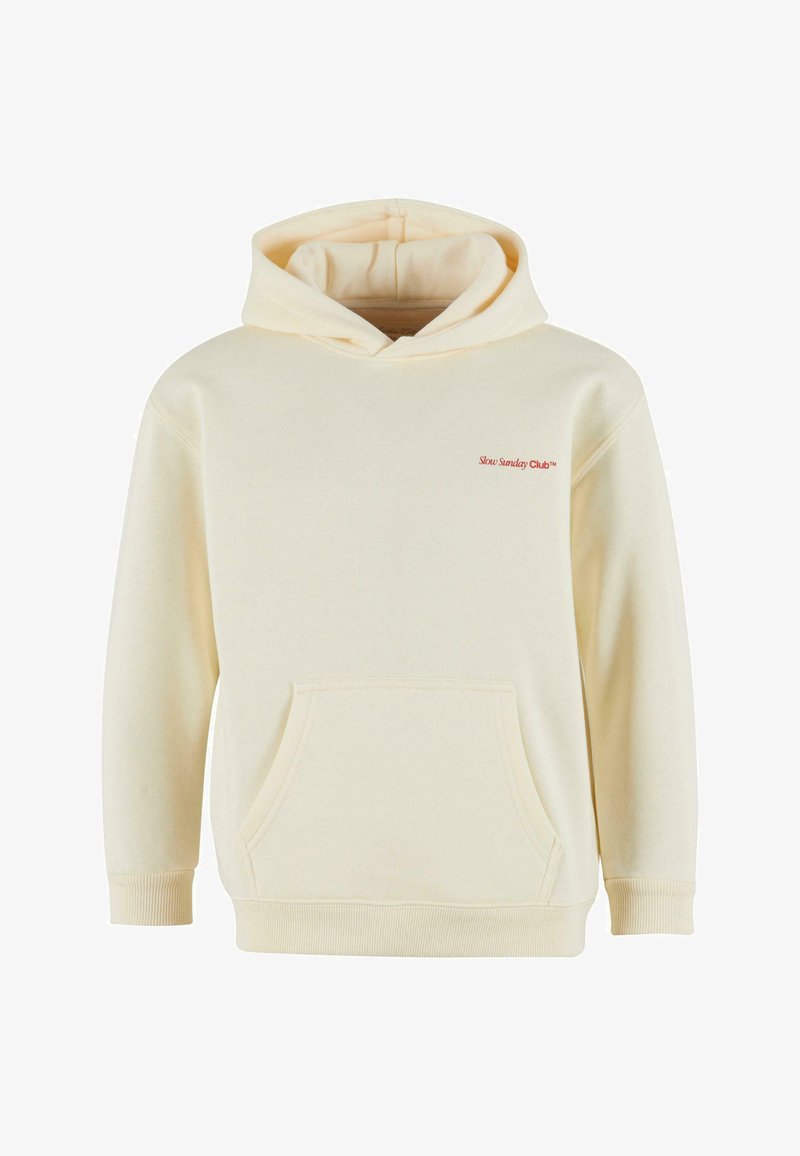 Felpa color crema realizzata in tessuto morbido, con tasca frontale e polsini a costine, con logo rosso "Slow Sunday Club" sul petto.