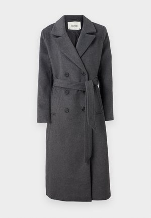 Grey wool coat with double-breasted front, notch lapels, long sleeves, belted waist, and side pockets. Classic tailored design.