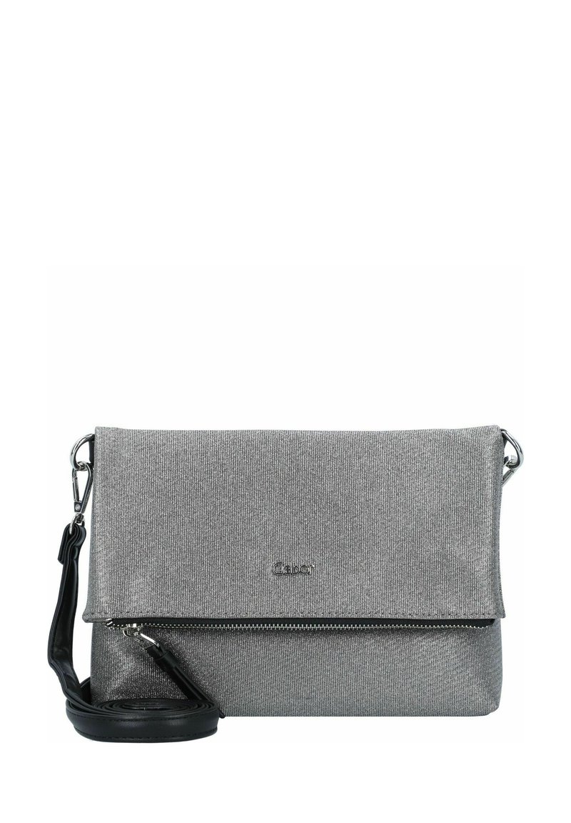 Bolso bandolera gris metálico con un acabado texturizado, compartimento con cremallera y correa ajustable negra. Presenta el logo en la parte frontal.