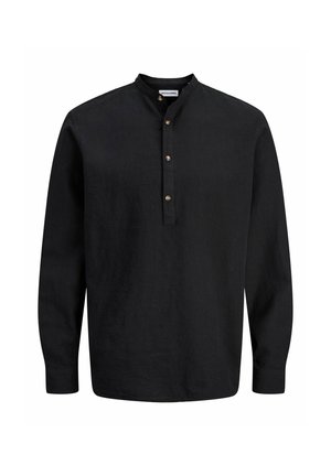 Sort langærmet skjorte med mandarinkrave og en fire-knaps række ned foran i midten.