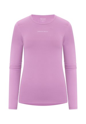 Maglietta a maniche lunghe viola in tessuto performante con superficie testurizzata e vestibilità aderente. Presenta un collo rotondo e dettagli arricciati sulle maniche.