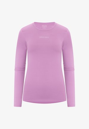 Long-sleeve purple performance shirt with a textured surface and snug fit. Features a round neckline and gathered sleeve detail.