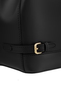 Black leather bag featuring a smooth texture, gold buckle detail, and contrasting stitching along the edges. Compact design for versatile use.