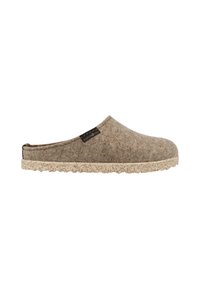 Brown felt clog with a natural textured finish. Lightweight, slip-on design with a beige, ridged rubber sole and subtle branding on the side.
