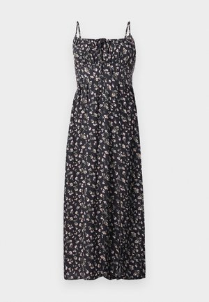 Lilledega maksikleit mustast kangast, millel on väikesed roosa ja valge värvi lillemustrid, reguleeritavad rihmad, kogutud rind ja voogav seelik.