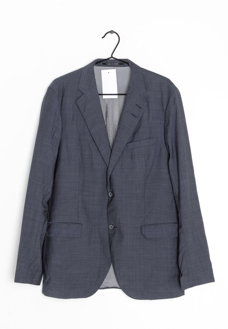 Blazer grigio scuro realizzato in tessuto testurizzato, con chiusura a due bottoni, rever a punta, tasche laterali e una fodera interna parzialmente a righe.