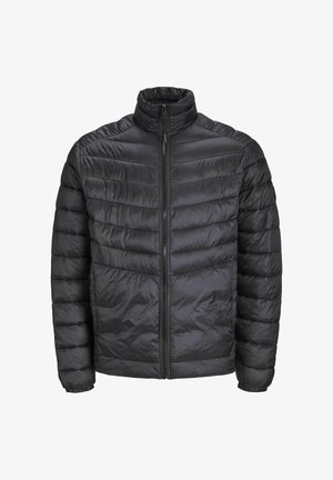 Black puffer jacket with a high collar, horizontal quilted design, zip closure, and elasticized cuffs. Made from lightweight, shiny material.