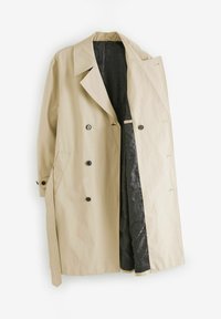 Beige trenchcoat met een dubbelzijdig ontwerp, grote revers, twee voorzakken en een zwarte binnenvoering.