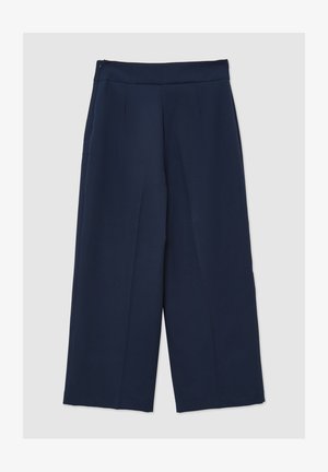 Pantaloni a gamba larga blu navy realizzati in tessuto morbido, con vita alta, pieghe frontali e chiusura con zip sul retro.