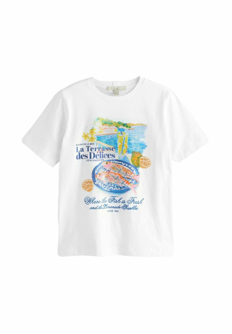 Next HEAVYWEIGHT SHORT SLEEVE CREW NECK - Marškinėliai su spaudiniu - ecru white coastal scene beaded graphic