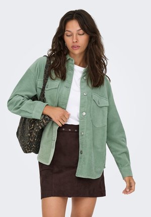 Groen ribfluwelen overhemd met knopen aan de voorkant, twee borstzakken, gedragen over een wit T-shirt, gecombineerd met een bruine suède rok en een tas met luipaardprint.