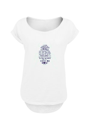 White cotton t-shirt with a loose fit and a round neck. Features dark blue text forming a beetle shape, printed in a creative font.