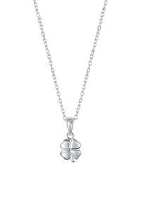 Silver necklace featuring a four-leaf clover pendant, detailed with smooth surfaces and a textured leaf outline. Chain has linked design.