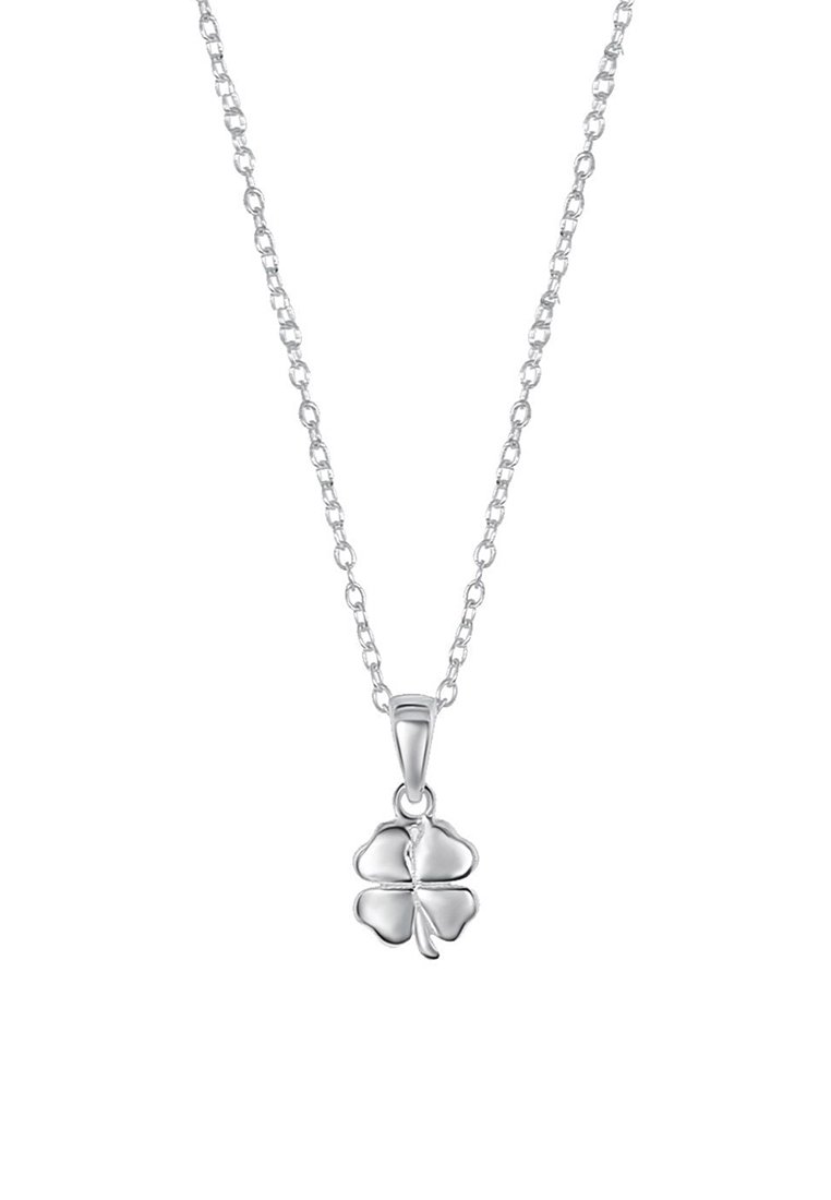 Silver necklace featuring a four-leaf clover pendant, detailed with smooth surfaces and a textured leaf outline. Chain has linked design.