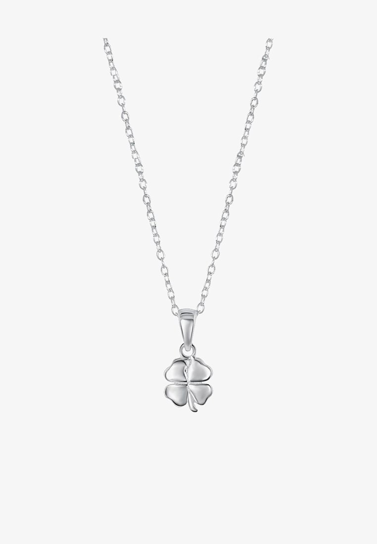 Silver necklace featuring a four-leaf clover pendant, detailed with smooth surfaces and a textured leaf outline. Chain has linked design.