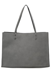 Sac cabas rectangulaire gris avec deux longues poignées et des détails de rivets métalliques sur un fond uni.