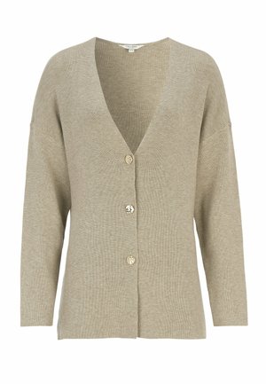 Beige stickad kofta med långa ärmar, djup V-ringning och tre dekorativa knappar framtill.