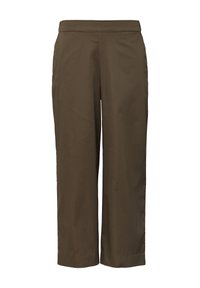 Ciemnobrązowe, krótkie spodnie o gładkiej fakturze, z płaskim pasem w talii i prostym, szerokim krojem nogawek. Bez kieszeni ani ozdób.
