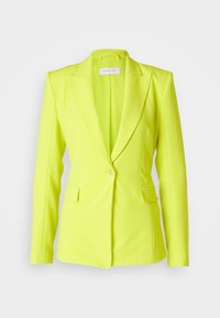Blazer galben neon, din material neted, cu o croială ajustată, rever ascuțit, închidere cu un singur nasture și două buzunare frontale.