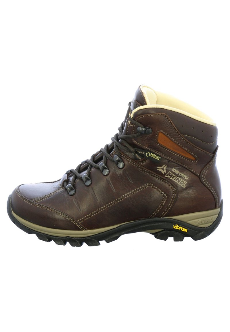 Braune Lederwanderstiefel mit hochgeschnittenem Design, strukturiertem Finish, verstärkten Ösen und Vibram-Sohle für Langlebigkeit und Traktion.