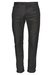 Svarta denimjeans med slim fit, fem fickor och dragkedjestängning. Tyget har en slät textur och minimal synlig sömnad.