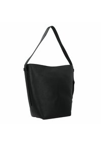 Borsa bucket in pelle nera con finitura testurizzata, doppio manico e apertura superiore. Presenta una forma angolare e un design minimalista.