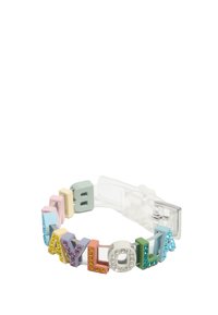 Colorful elastic bracelet with interlocking letters spelling "AYLOLA," featuring glittering gems. Made from plastic, transparent design.