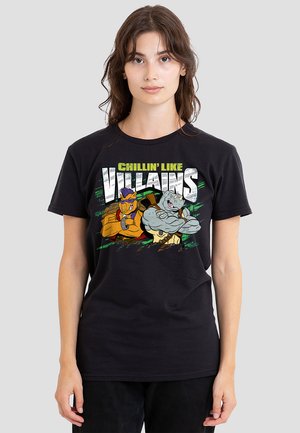 Black cotton t-shirt featuring a graphic print of cartoon villains with the text "Chillin' Like Villains" in white and green. Short sleeves.