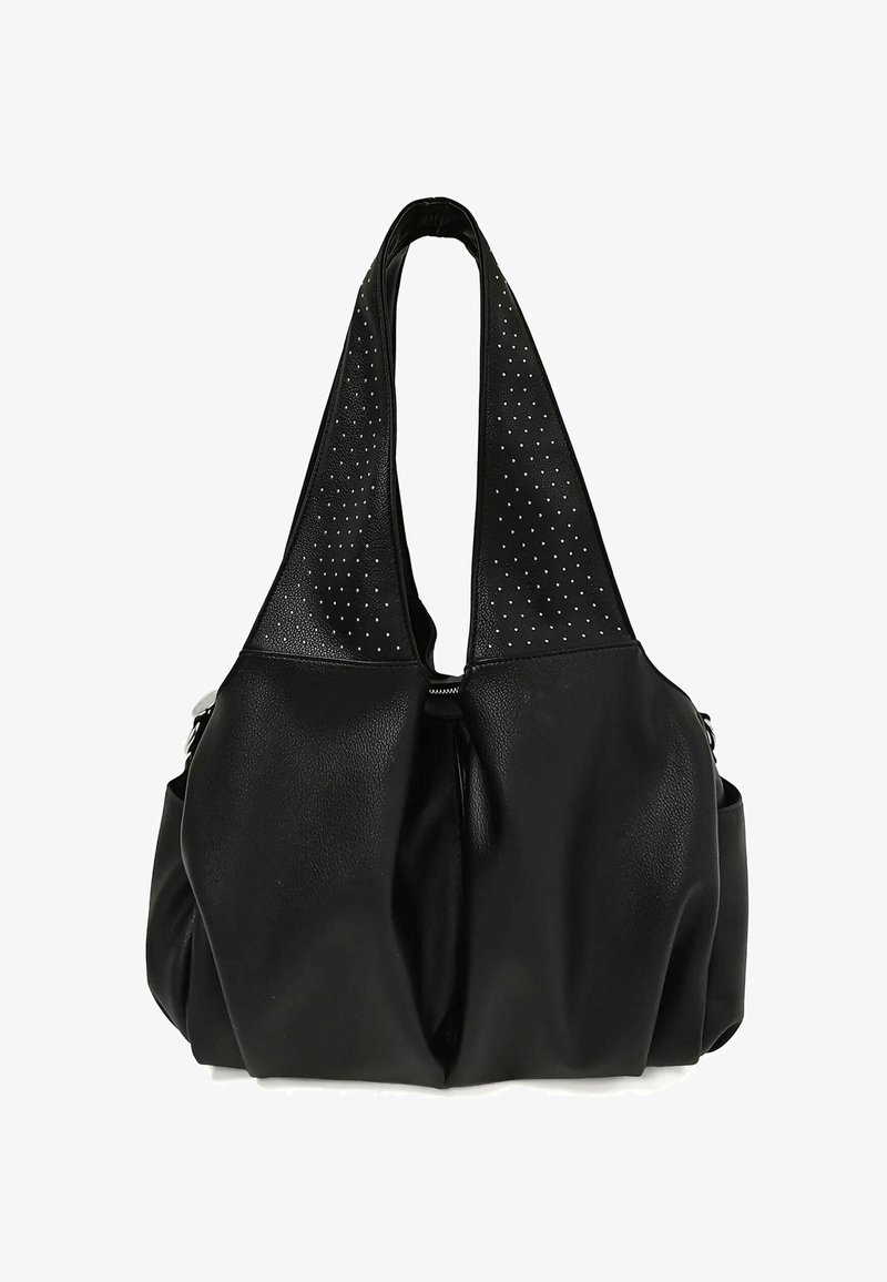 Borsa a tracolla in pelle nera con finitura testurizzata, design unico con doppia tracolla e perforazioni decorative nelle sezioni superiori.