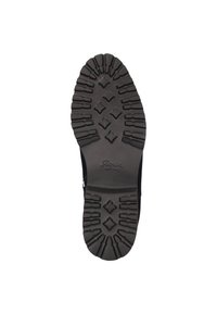 Sole in gomma nera con disegni a battistrada profondo, caratterizzata da forme di diamante e un logo brandizzato. Progettata per la trazione e la durata.