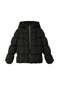 Giacca a vento nera con cappuccio, dotata di chiusura frontale con zip, vestibilità ampia e texture trapuntata. Finitura in tessuto liscio.
