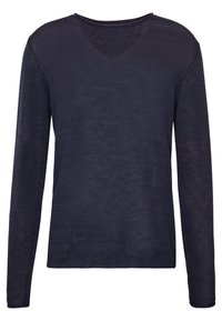 Námorně modré lehké pletené tričko s dlouhým rukávem a kulatým výstřihem, vyobrazené vodorovně na bílém pozadí.