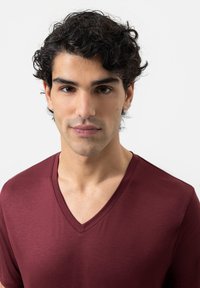 Bordeaux v-hals t-shirt van zachte stof, met korte mouwen en een gladde textuur. Close-up weergave van het shirt op het bovenlichaam van een model.