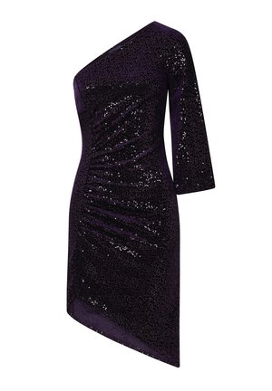 Lila einseitiger Kleid mit Raffung und leicht asymmetrischem Saum, aus einem strukturierten, glitzernden Stoff für zusätzliche Details.