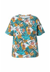Korte mouwen T-shirt in teal met een bloemenpatroon. Met oranje en paarse bloemen tegen een witte en gestructureerde achtergrond.