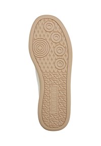 Semelle de chaussure avec une bande de roulement en caoutchouc beige, motifs circulaires à l'orteil, textures triangulaires, grips en zigzag et texte "REPLAY" au centre de la semelle.