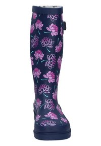 Rubber rain boot in navy with pink lotus flower pattern. Features a textured top band and non-slip sole for stability.