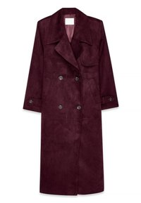 Burgundi krooni suède mantli, topelt-nööbiga disain, suur krae, küljetaskud, reguleeritavad mansetid, voodrita sisemus.