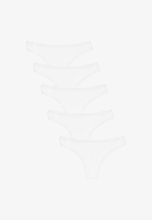 Cinque coppie di mutande di cotone bianche con una finitura liscia, design a vita bassa e cintura elasticizzata. Costruzione semplice e uniforme.