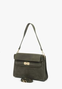 Dark green suede handbag with a flap closure and gold-tone hardware. Features a detachable strap and two front pockets for added detail.