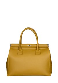 Borsa in pelle gialla con un design strutturato, manici arrotondati e dettagli in metallo. Presenta una texture a grana fine e una forma classica.