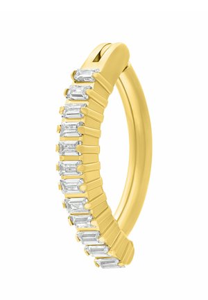 Gold hoop earring set with vertical rectangular clear gemstones evenly spaced along the outer edge.