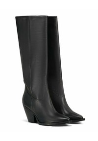 Stivali alti neri in pelle, con punta affusolata e tacco a cono. Texture liscia con sottili dettagli di cucitura lungo il gambale.